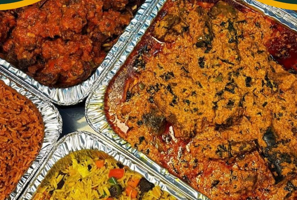 Trays of jollof rice, fried rice, egusi and stew
